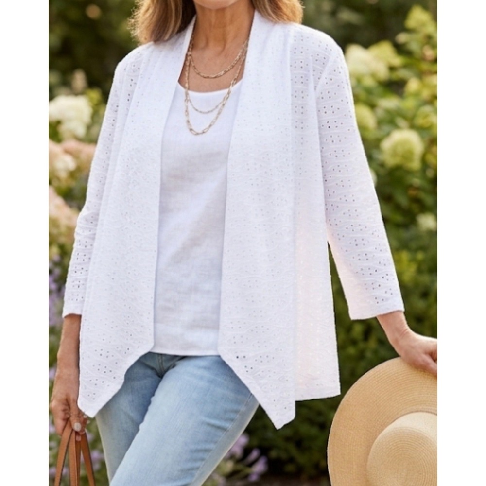 Hearts Of Palm Women's White Beaded Open Front Cardigan Sweater Size Large